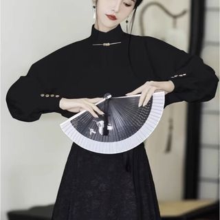 ZARA - 一字金属紐ボタン　黒金色長袖シャツ　中華風　着物和服浴衣漢服　大正昭和　侘び寂び