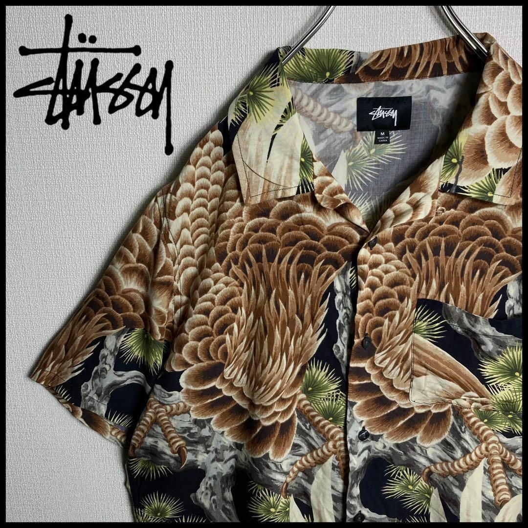 STUSSY(ステューシー)の【美品】ステューシー　半袖シャツ　開襟　総柄　鳥　鳶　鷹　鷲 メンズのトップス(シャツ)の商品写真