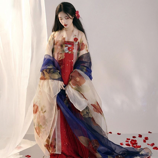 顔椿　白赤青色漢服4点セット　唐風漢服　花見　花魁舞妓　着物和服　中華風　結婚式