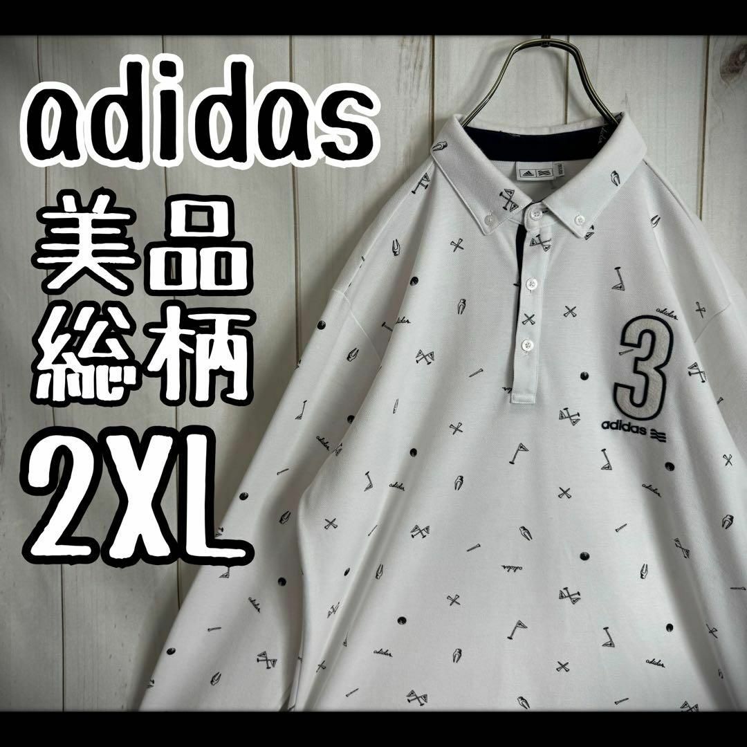 adidas(アディダス)の【希少デザイン】　アディダス長袖ポロシャツ　総柄　ナンバリング　刺繍ロゴ　2XL メンズのトップス(ポロシャツ)の商品写真