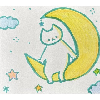 月と星と猫の絵　オリジナル手描きアナログイラスト原画　自作アート作品　創作色鉛筆(アート/写真)