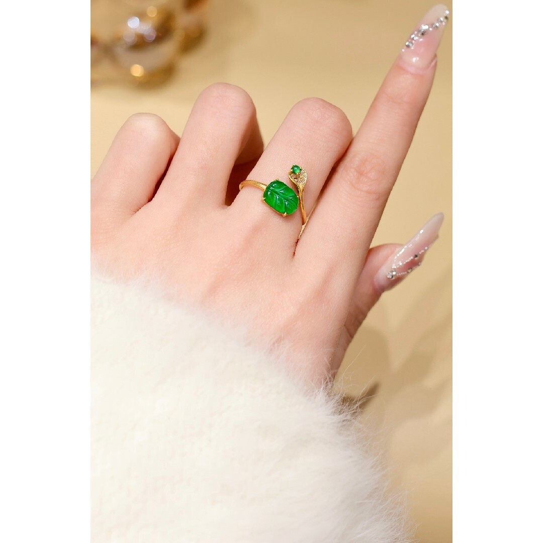 天然ダイヤモンド付きヒスイリングk18 レディースのアクセサリー(リング(指輪))の商品写真