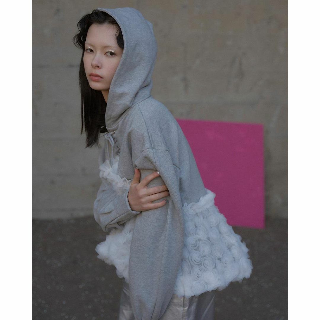 POPPY あさぎーにょ TULLE DOCKING HOODIE （PINK） レディースのトップス(パーカー)の商品写真