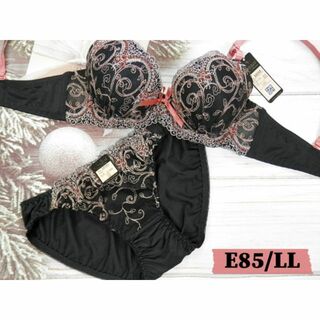 PS54 E85/LL ブラ＆ショーツセット 黒系 ボタニカル柄刺繍(ブラ&ショーツセット)