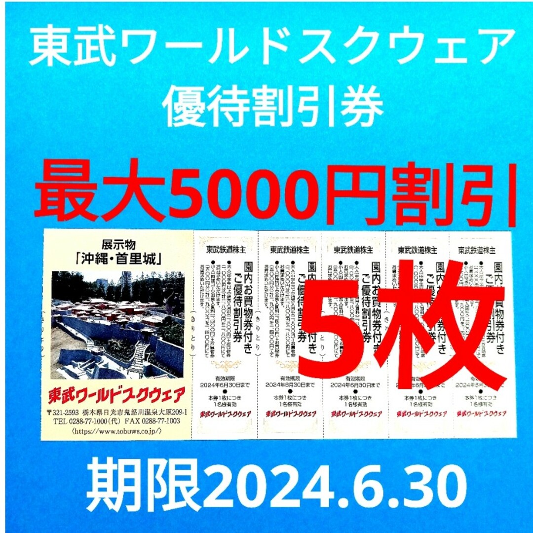 【5枚】東武ワールドスクウェア割引券5枚 チケットの施設利用券(遊園地/テーマパーク)の商品写真