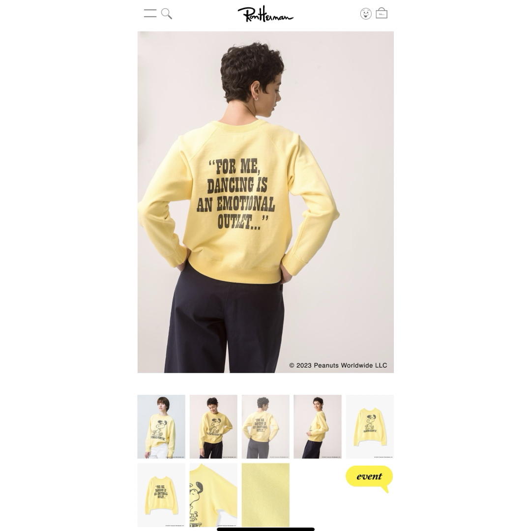 Ron Herman(ロンハーマン)の【PEANUTS×RHC】Snoopy Sweat Shirt イエローXS レディースのトップス(トレーナー/スウェット)の商品写真