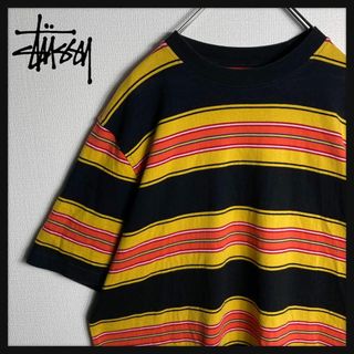 ステューシー(STUSSY)の【美品】ステューシー　ボーダー　ワンポイント刺繍ロゴ　Tシャツ　黒　M(Tシャツ/カットソー(半袖/袖なし))