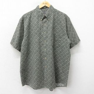 XL★古着 半袖 シャツ メンズ 90年代 90s 魚 コットン ボタンダウン 濃グレー系他 24mar27 中古 トップス(シャツ)