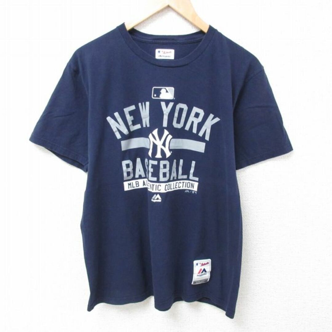 Majestic(マジェスティック)のL★古着 マジェスティック 半袖 Tシャツ メンズ MLB ニューヨークヤンキース コットン クルーネック 紺 ネイビー メジャーリーグ ベースボール 野球 24mar27 中古 メンズのトップス(Tシャツ/カットソー(半袖/袖なし))の商品写真