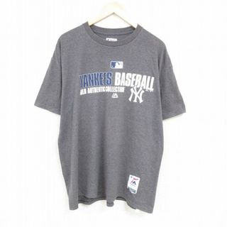 マジェスティック(Majestic)のXL★古着 マジェスティック 半袖 Tシャツ メンズ MLB ニューヨークヤンキース 大きいサイズ クルーネック グレー 霜降り メジャーリーグ ベースボール 野球 24mar27 中古(Tシャツ/カットソー(半袖/袖なし))