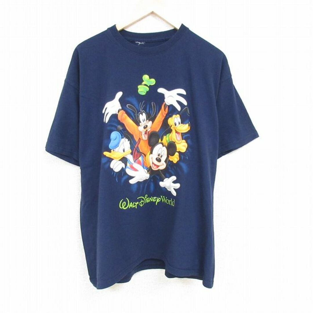 Disney(ディズニー)のXL★古着 半袖 Tシャツ メンズ ディズニー DISNEY ミッキー MICKEY MOUSE グーフィー 両面プリント 大きいサイズ クルーネック 紺 ネイビー 【spe】 24mar27 中古 メンズのトップス(Tシャツ/カットソー(半袖/袖なし))の商品写真