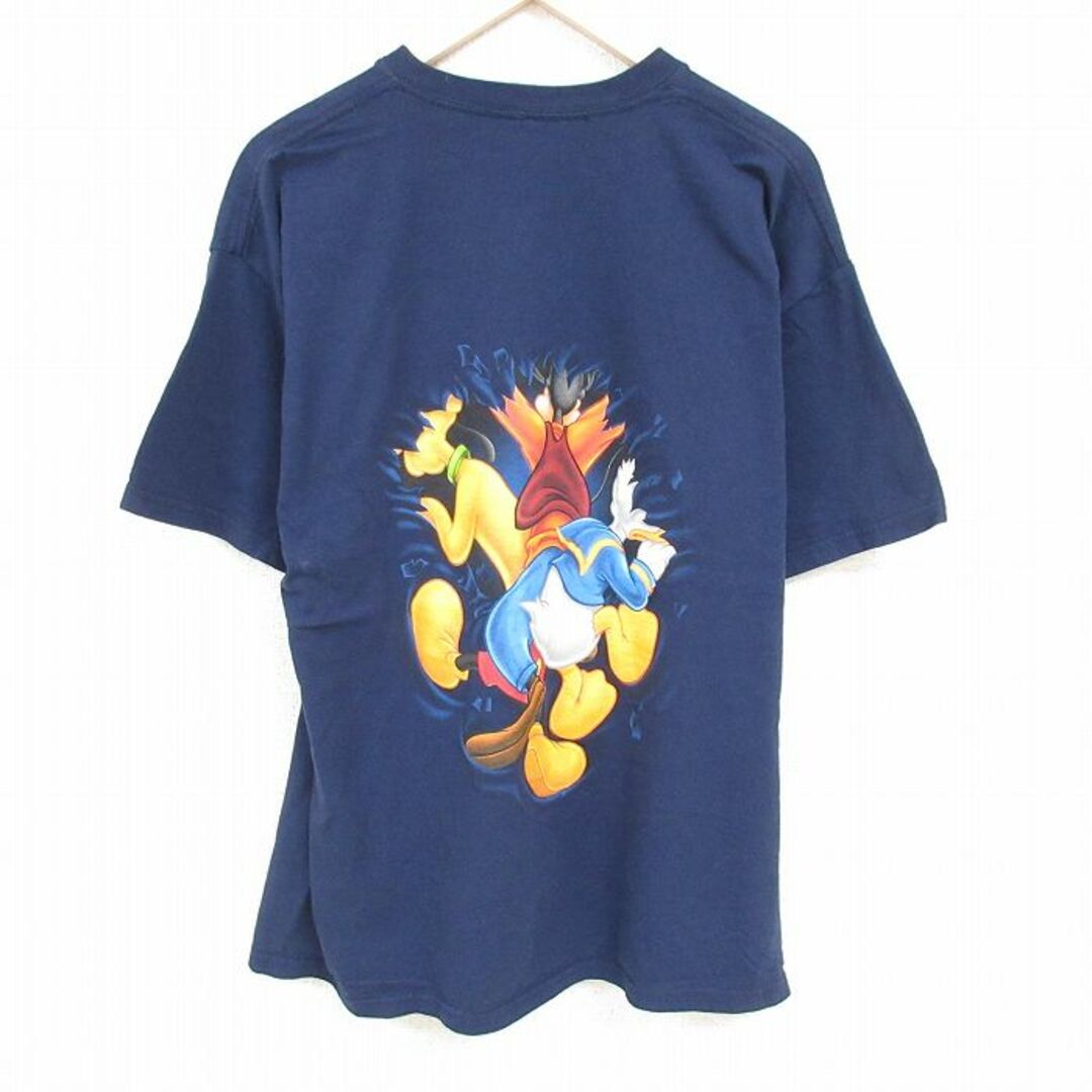 Disney(ディズニー)のXL★古着 半袖 Tシャツ メンズ ディズニー DISNEY ミッキー MICKEY MOUSE グーフィー 両面プリント 大きいサイズ クルーネック 紺 ネイビー 【spe】 24mar27 中古 メンズのトップス(Tシャツ/カットソー(半袖/袖なし))の商品写真