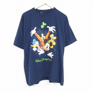 ディズニー(Disney)のXL★古着 半袖 Tシャツ メンズ ディズニー DISNEY ミッキー MICKEY MOUSE グーフィー 両面プリント 大きいサイズ クルーネック 紺 ネイビー 【spe】 24mar27 中古(Tシャツ/カットソー(半袖/袖なし))