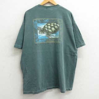 XL★古着 半袖 ビンテージ Tシャツ メンズ 90年代 90s カメ マートルビーチ 大きいサイズ コットン クルーネック USA製 緑 グリーン 【spe】 24mar27 中古(Tシャツ/カットソー(半袖/袖なし))