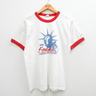 スクリーンスターズ(SCREEN STARS)のL★古着 スクリーンスターズ 半袖 ビンテージ Tシャツ メンズ 80年代 80s 自由の女神 クルーネック USA製 白他 ホワイト リンガー 24mar27 中古(Tシャツ/カットソー(半袖/袖なし))