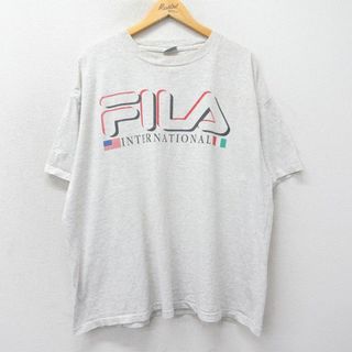 FILA - XL★古着 フィラ FILA 半袖 ビンテージ Tシャツ メンズ 90年代 90s ビッグロゴ インターナショナル 大きいサイズ コットン クルーネック USA製 薄グレー 霜降り 【spe】 24mar27 中古