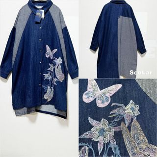 【ScoLar】デニム×ヘリンボーン切替 刺繍柄 シャツワンピース タグ付未使用