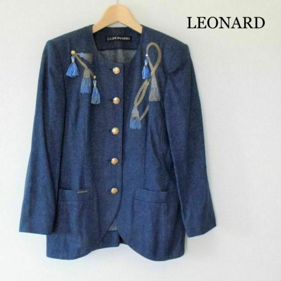 LEONARD(レオナール)の美品 レオナール フリンジ 刺繍 シルク100％ デニム ノーカラージャケット レディースのジャケット/アウター(ノーカラージャケット)の商品写真