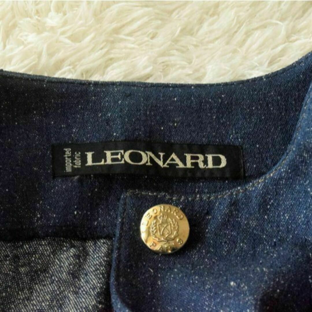 LEONARD(レオナール)の美品 レオナール フリンジ 刺繍 シルク100％ デニム ノーカラージャケット レディースのジャケット/アウター(ノーカラージャケット)の商品写真