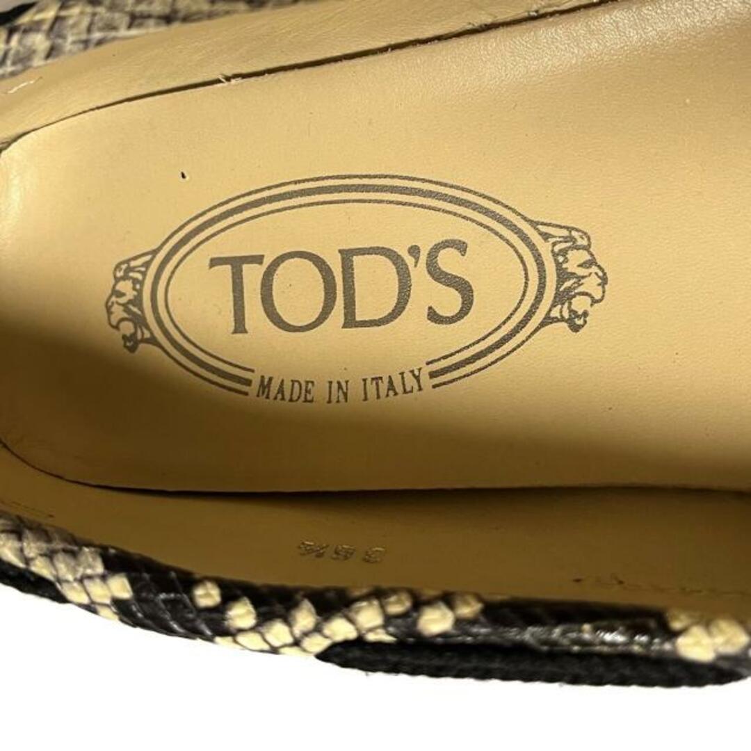 TOD'S(トッズ)のTOD'S(トッズ) スリッポン 36 1/2 レディース - アイボリー×黒 型押し加工/パイソン柄/エスパドリーユ/リボン/インソール取外し可 レザー レディースの靴/シューズ(その他)の商品写真