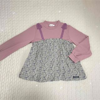 ベベ(BeBe)の【新品】BeBe トップス チュニック 長袖 花柄 リボン くすみピンク(Tシャツ/カットソー)