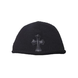 クロムハーツ(Chrome Hearts)の極美品 CHROME HEARTS クロムハーツ クロスパッチ カシミア ビーニー ニットキャップ ブラック 牛革 シルバー925 中古 61845(ニット帽/ビーニー)