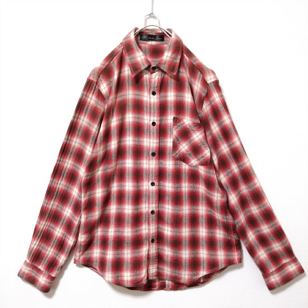 シャツ　メンズ　チェック　オンブレ　赤　レッド　L　オーバーサイズ　ゆるだぼ メンズのトップス(シャツ)の商品写真