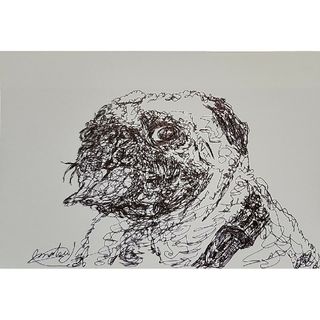 『パグ』一筆書き。ボールペン画【12】。絵画。犬。ハガキ。(絵画/タペストリー)