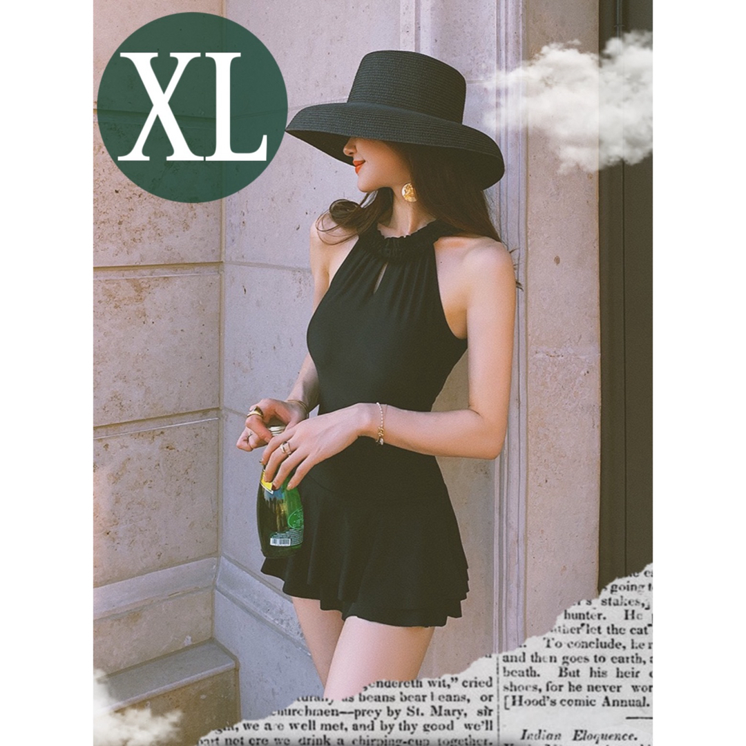 XL 体型カバー　ワンピース  水着　ホルターネック 黒  上品 フリルスカート レディースの水着/浴衣(水着)の商品写真