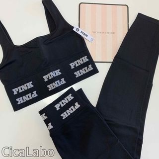 ヴィクトリアズシークレット(Victoria's Secret)の【新品】VS PINK スポーツ レギンス セットアップ ロゴ ブラック M(レギンス/スパッツ)