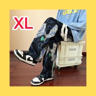 メンズ　パンツ　熊　プリントパンツ　ストレート　韓国　黒　オーバーサイズ　XL(その他)