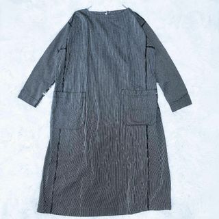 フォーティファイブアール(45R)の【美品】45Rワンピース ストライプ コットン 前ポケット 刺繍タグ ネイビー(ロングワンピース/マキシワンピース)