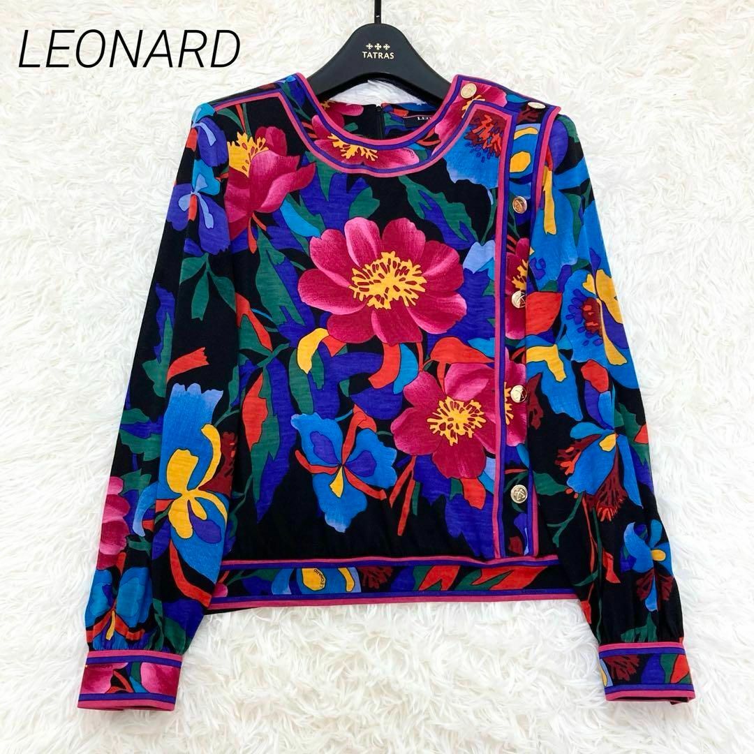 LEONARD(レオナール)の美品♡ LEONARD カットソー　花柄　トリム　金ボタン　シルク混　サイズM レディースのトップス(カットソー(長袖/七分))の商品写真