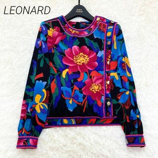 レオナール(LEONARD)の美品♡ LEONARD カットソー　花柄　トリム　金ボタン　シルク混　サイズM(カットソー(長袖/七分))