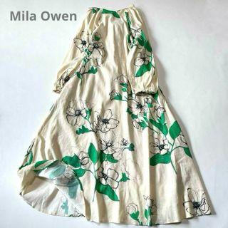 ミラオーウェン(Mila Owen)のミラオーウェン　花柄Aライン　バックリボンパフスリーブロングワンピース　リネン(ロングワンピース/マキシワンピース)