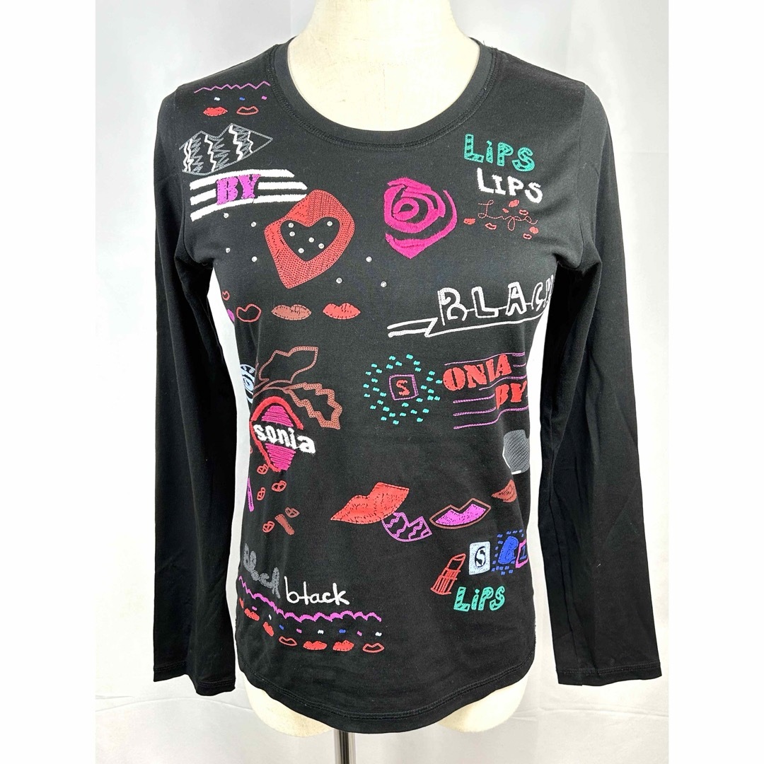 SONIA RYKIEL(ソニアリキエル)のソニアリキエル リップ ロゴ  刺繍 スパンコール装飾 ニットシャツ ブラック  レディースのトップス(ニット/セーター)の商品写真