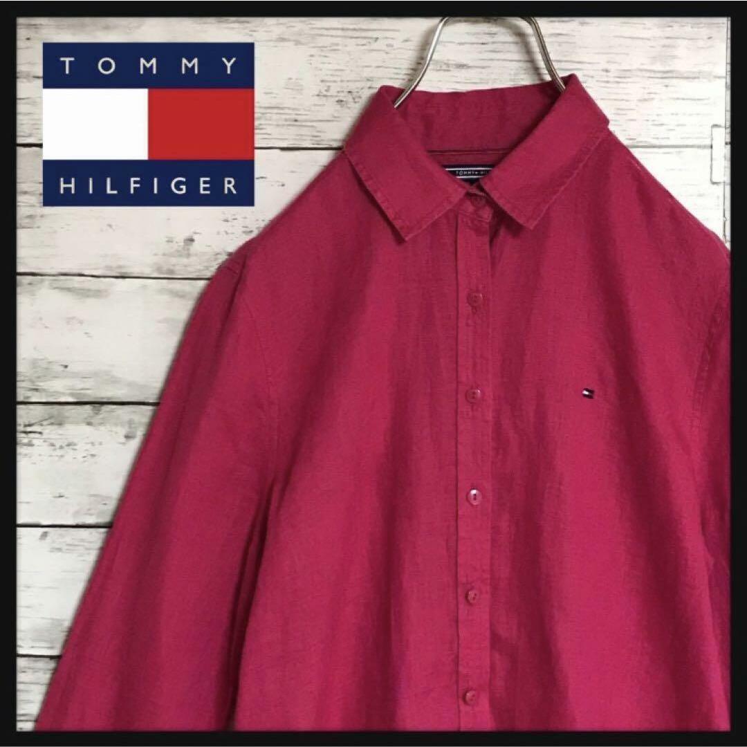 TOMMY HILFIGER(トミーヒルフィガー)の【美品】トミーヒルフィガー　刺繍ロゴ入りリネンシャツ　ピンク　A842R レディースのトップス(シャツ/ブラウス(長袖/七分))の商品写真