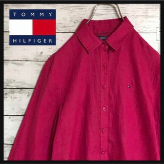 トミーヒルフィガー(TOMMY HILFIGER)の【美品】トミーヒルフィガー　刺繍ロゴ入りリネンシャツ　ピンク　A842R(シャツ/ブラウス(長袖/七分))