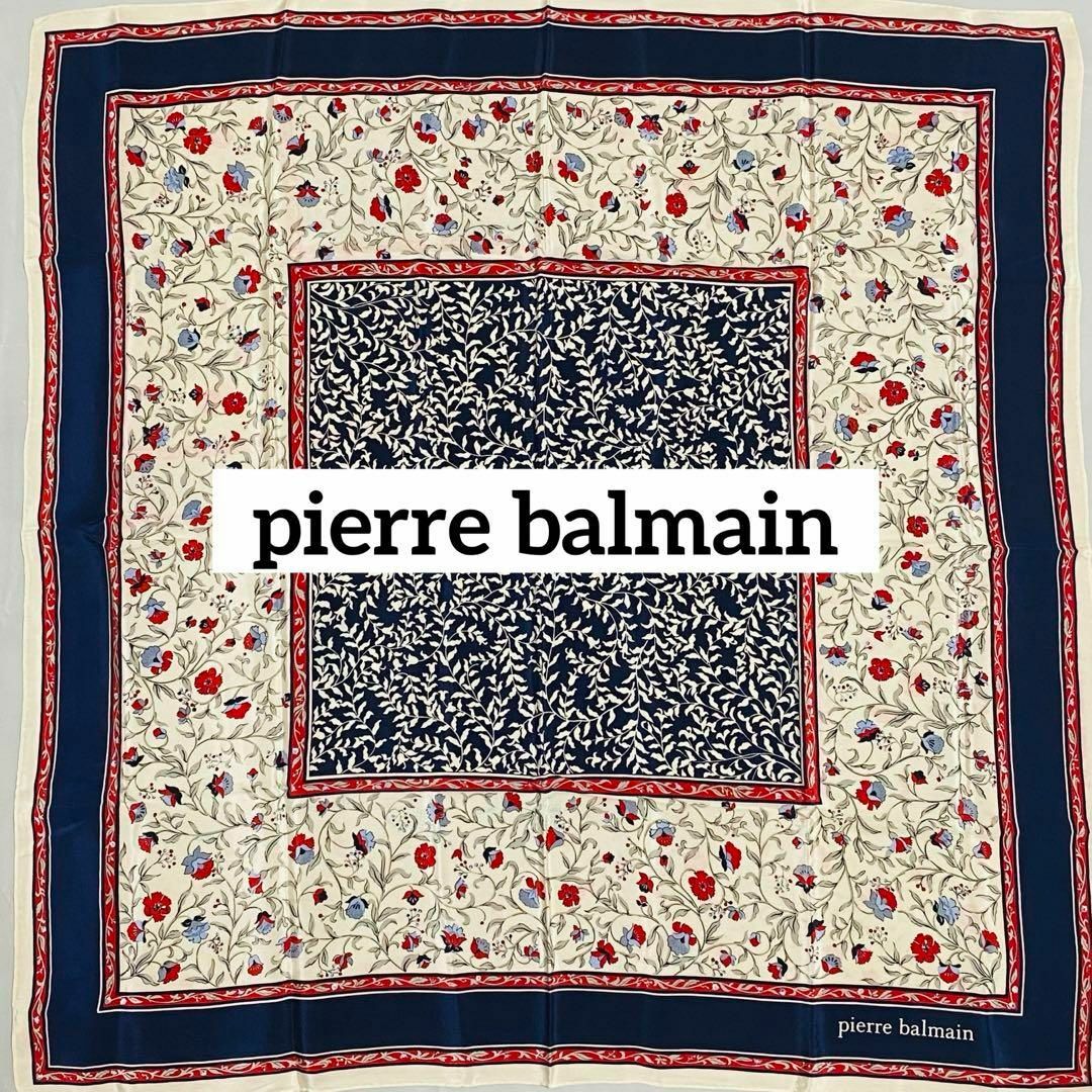 Pierre Balmain(ピエールバルマン)の★pierre balmain★スカーフ 花 シルク ホワイト ネイビー レッド レディースのファッション小物(バンダナ/スカーフ)の商品写真