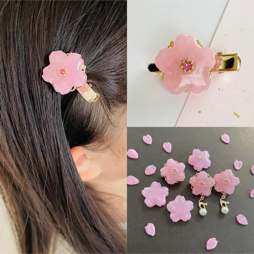 【1点限定】ハンドメイド桜満開レジンヘアクリップ　桜アクセサリー　入学式　お花見 ハンドメイドのアクセサリー(ヘアアクセサリー)の商品写真