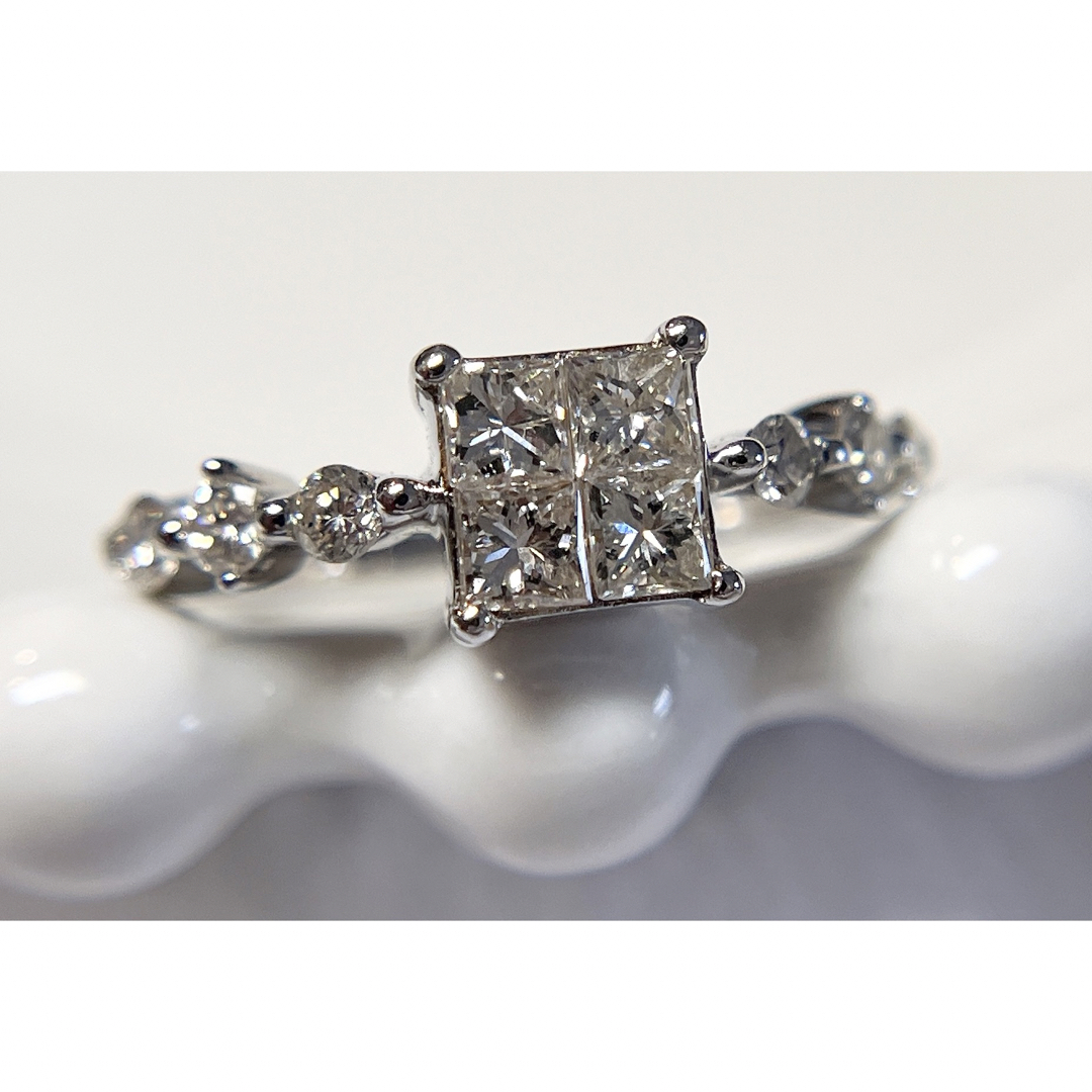 [新品同様]K18WGホワイトゴールド天然ダイヤモンドプリンセスカット指輪リング レディースのアクセサリー(リング(指輪))の商品写真