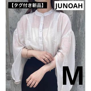 タグ付き新品【JUNOAH】ノーカラースリットシアーシャツ　M(シャツ/ブラウス(長袖/七分))