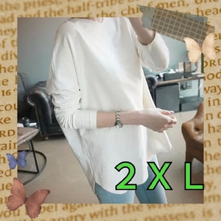 ロンT シャツ　レディース　白　長袖　無地　チュニック体型カバーシンプル　2XL(Tシャツ(長袖/七分))