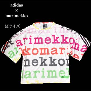 アディダス(adidas)のマリメッコ×アディダス　コラボシャツ　カラフル　ロゴ　総柄　背面3本ライン　M(Tシャツ(半袖/袖なし))