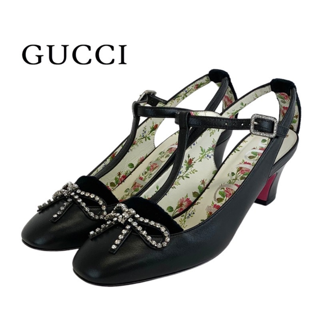 Gucci(グッチ)のグッチ GUCCI パンプス サンダル 靴 シューズ ラインストーン リボン Tストラップ レザー ベロア ブラック 黒 レディースの靴/シューズ(ハイヒール/パンプス)の商品写真