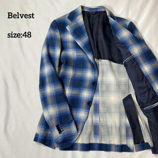 ベルベスト(BELVEST)のベルベスト　サマーツイードオンブレチェックテーラードジャケット　ブルー　48(テーラードジャケット)