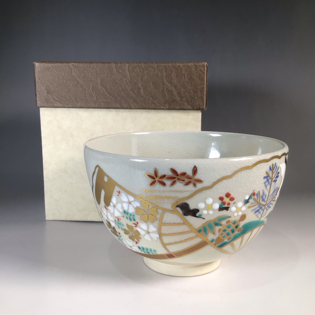 リ４６　茶碗　『京焼』『陶彩造』『扇面松竹梅鶴亀絵』抹茶碗　紙箱　茶道具 エンタメ/ホビーの美術品/アンティーク(陶芸)の商品写真