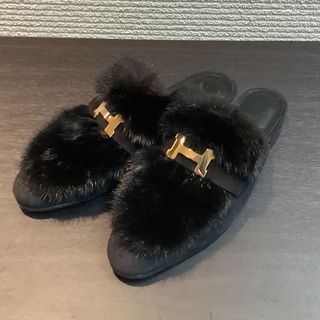 エルメス HERMES H金具 ミンクファー ミュール パリ ブラック 【38】