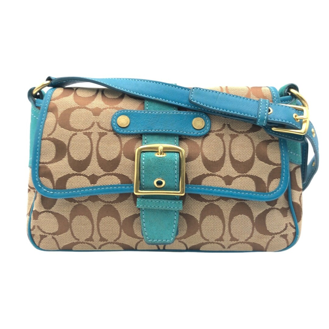 COACH(コーチ)のCOACH コーチ シグネチャー ブラウン 茶 ブルー 青 ゴールド金具 キャンバス 7482 ショルダーバッグ ワンショルダーバッグ レディース 405044 【中古】 レディースのバッグ(ショルダーバッグ)の商品写真