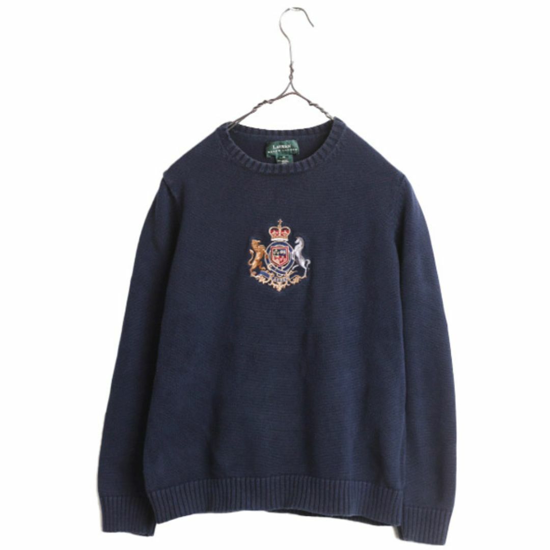 Ralph Lauren(ラルフローレン)の90s LAUREN ラルフローレン コットン ニット セーター レディース M / 古着 90年代 オールド ポロ クルーネック ネイビー クレスト 刺繍 紺 レディースのトップス(ニット/セーター)の商品写真